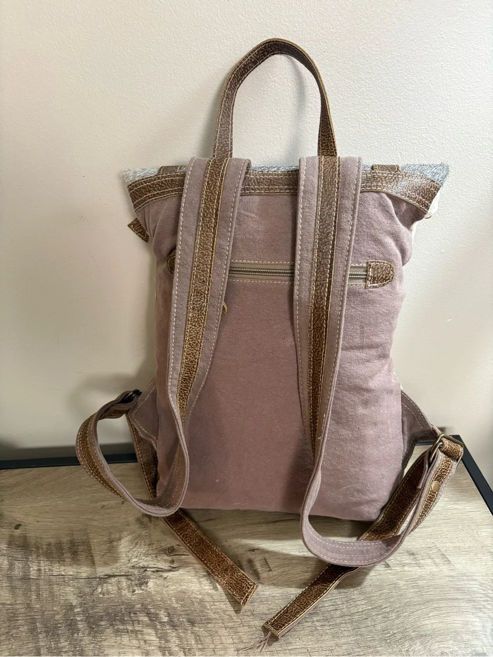MYRA BAG Ivory Beige Brown WESTERN BOHO Canvas LEATHER Hair on COWHIDE Backpack